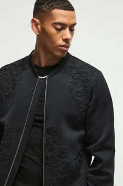 Regular Fit Floral Embroidered Scuba Bomber Jacket