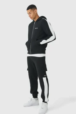 Regular Fit MAN Colour Block Cargo Pocket Zip Through Hooded Tracksuit