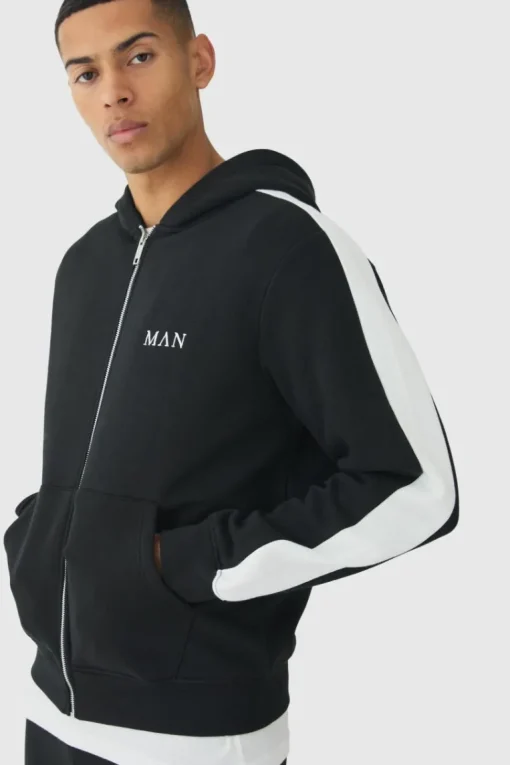 Regular Fit MAN Colour Block Cargo Pocket Zip Through Hooded Tracksuit