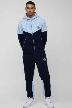 Regular Fit Man Diamond Colour Block Zip Through Hooded Tracksuit