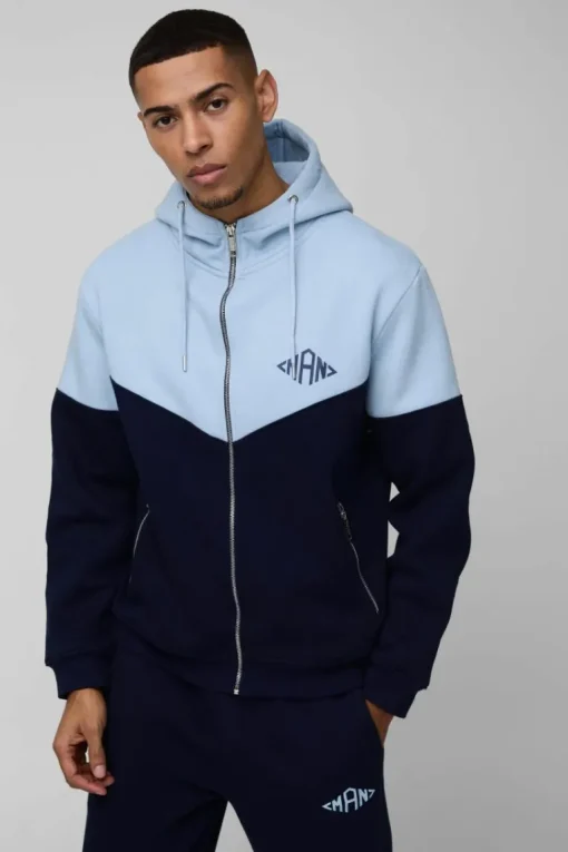 Regular Fit Man Diamond Colour Block Zip Through Hooded Tracksuit