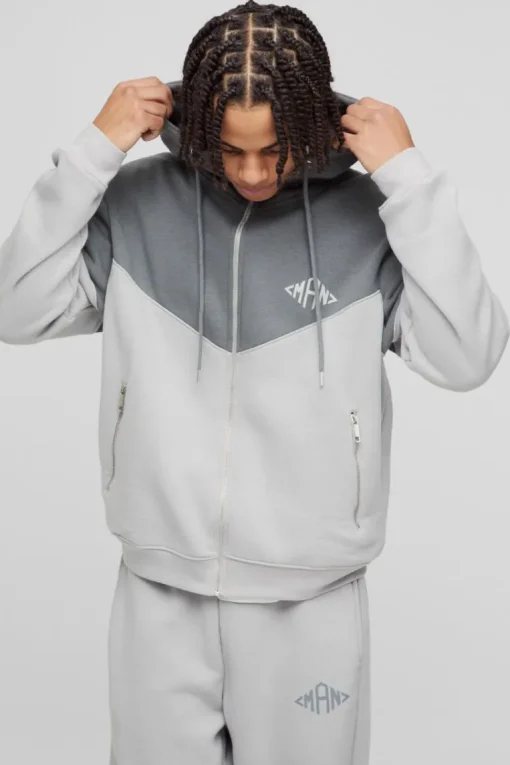 Regular Fit Man Diamond Colour Block Zip Through Hooded Tracksuit