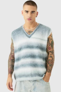 Regular Knitted Brushed Stripe V Neck Tank