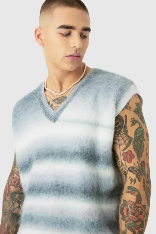 Regular Knitted Brushed Stripe V Neck Tank