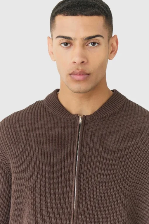 Regular Ribbed Fisherman Knit Bomber Jacket