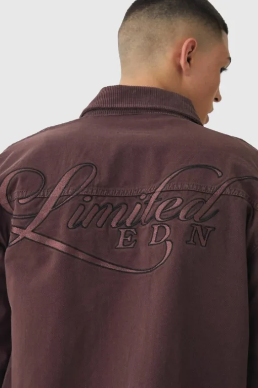 Regular Twill Embroidered Overshirt With Cord Collar