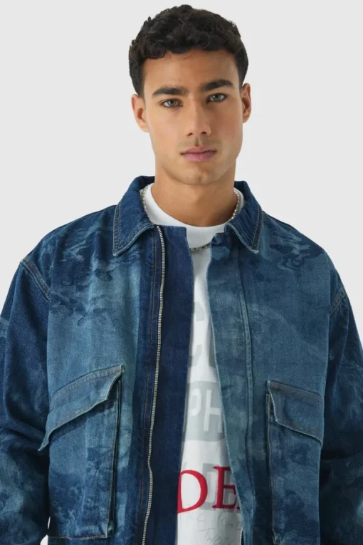 Relaxed Cropped Renaissance Laser Print Denim Jacket