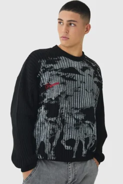 Relaxed Dropped Shoulder Graphic Print Knitted Jumper