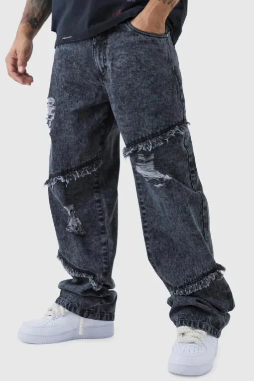 Relaxed Fit Acid Wash Ripped Frayed Jeans
