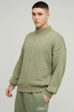 Relaxed Fit Boucle Zip Up Knitted Jumper