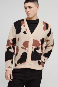 Relaxed Fit Brushed Cow Print Knitted Cardigan
