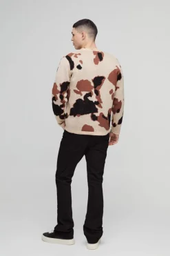 Relaxed Fit Brushed Cow Print Knitted Cardigan