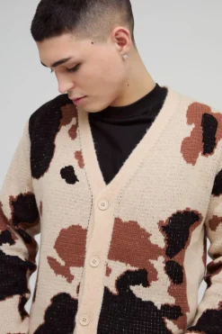 Relaxed Fit Brushed Cow Print Knitted Cardigan