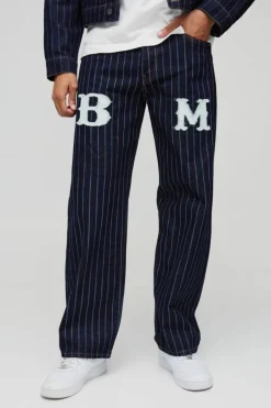 Relaxed Fit Pinstripe Denim Applique Jeans