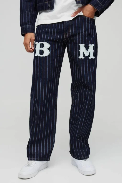Relaxed Fit Pinstripe Denim Applique Jeans