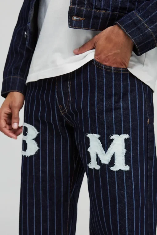 Relaxed Fit Pinstripe Denim Applique Jeans