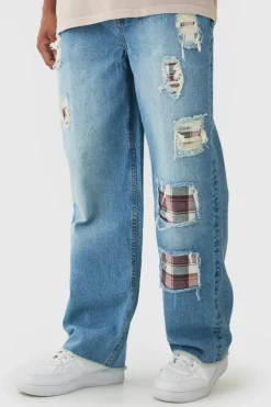 Relaxed Fit Rip & Repair Check Patchwork Jeans