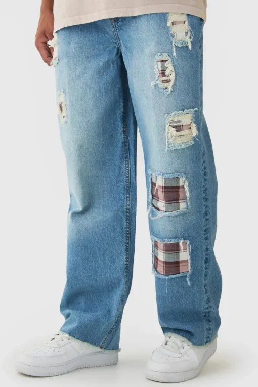 Relaxed Fit Rip & Repair Check Patchwork Jeans