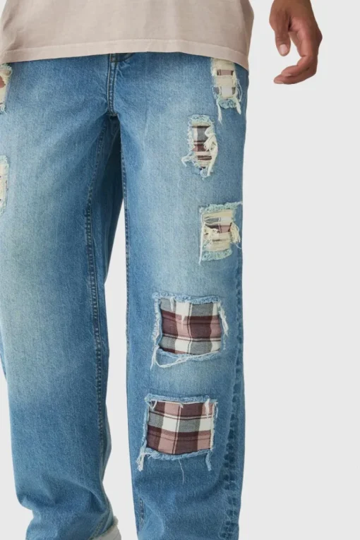Relaxed Fit Rip & Repair Check Patchwork Jeans