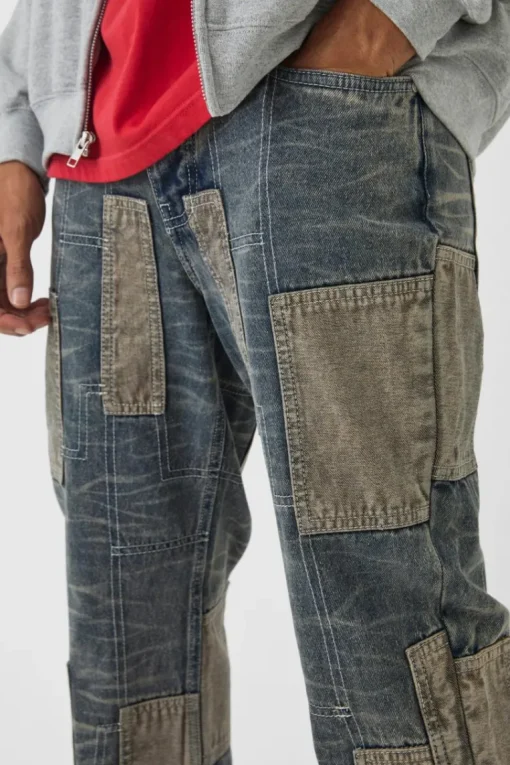 Relaxed Flared Patchwork Contrast Stitch Jeans