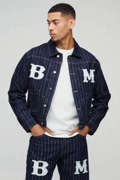Relaxed Pinstripe Denim Applique Harrington Jacket