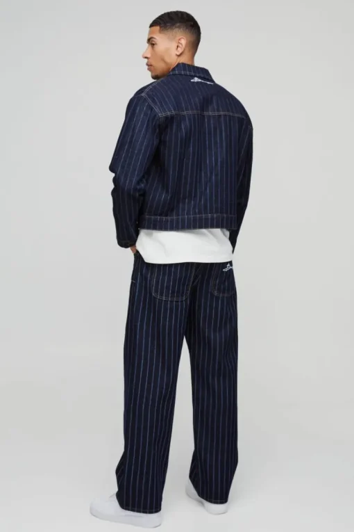 Relaxed Pinstripe Denim Applique Harrington Jacket