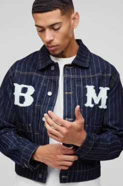 Relaxed Pinstripe Denim Applique Harrington Jacket