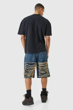 Relaxed Rigid Extreme Ripped Denim Jorts In Antique Blue