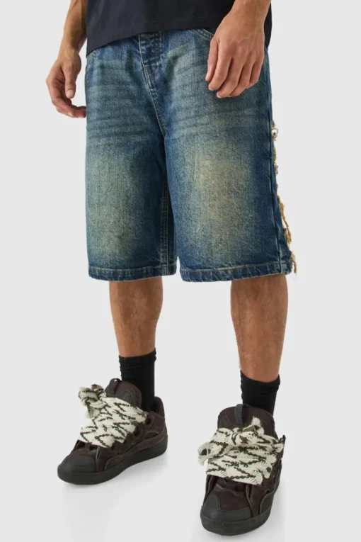 Relaxed Rigid Extreme Ripped Denim Jorts In Antique Blue