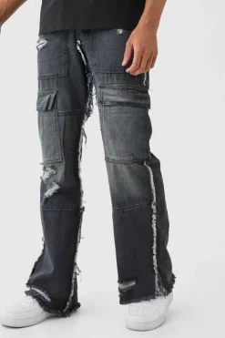 Relaxed Rigid Flare Frayed Edge Cargo Jeans