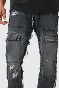 Relaxed Rigid Flare Frayed Edge Cargo Jeans