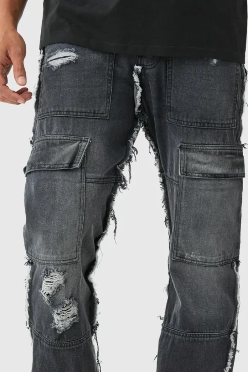Relaxed Rigid Flare Frayed Edge Cargo Jeans