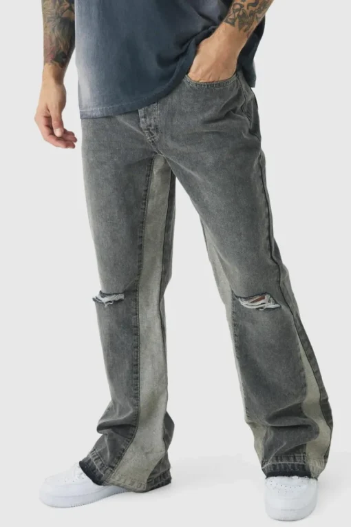 Relaxed Rigid Flare Knee Ripped Denim Jeans