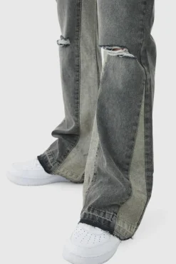 Relaxed Rigid Flare Knee Ripped Denim Jeans