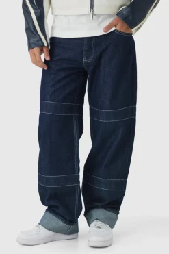Relaxed Rigid Indigo Contrast Embroidered Strap Turn Up Jeans