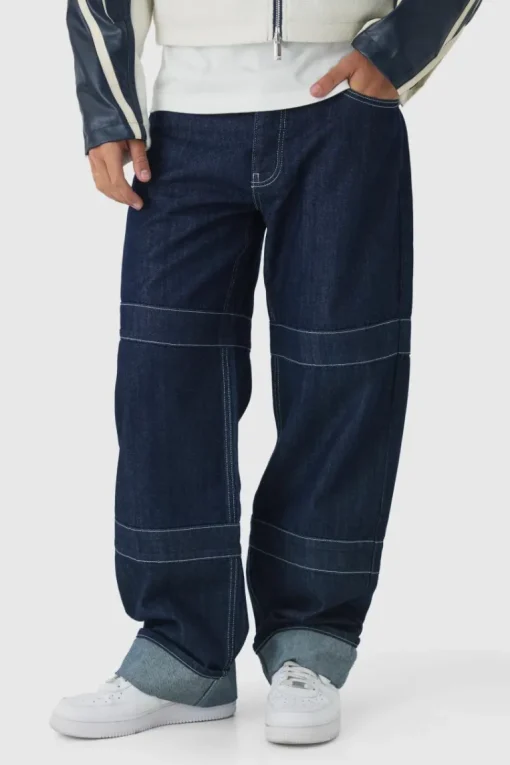 Relaxed Rigid Indigo Contrast Embroidered Strap Turn Up Jeans