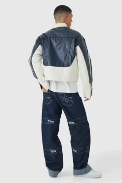 Relaxed Rigid Indigo Contrast Embroidered Strap Turn Up Jeans