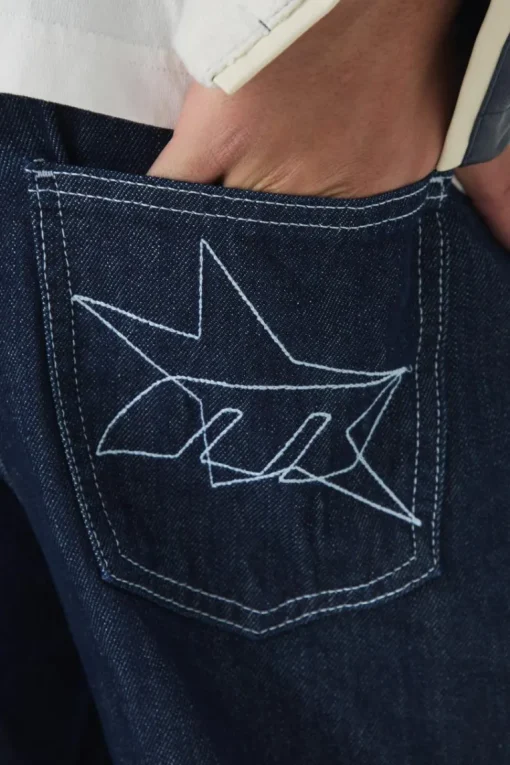 Relaxed Rigid Indigo Contrast Embroidered Strap Turn Up Jeans