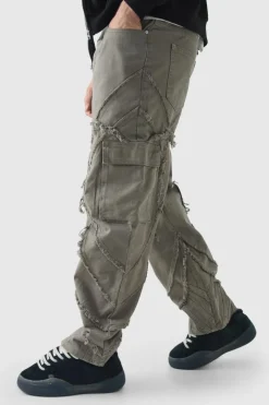 Relaxed Twill Distressed Panelled Cargo Trousers