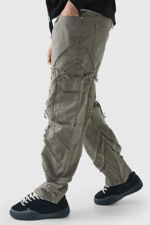 Relaxed Twill Distressed Panelled Cargo Trousers
