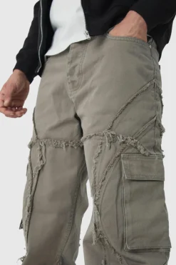 Relaxed Twill Distressed Panelled Cargo Trousers
