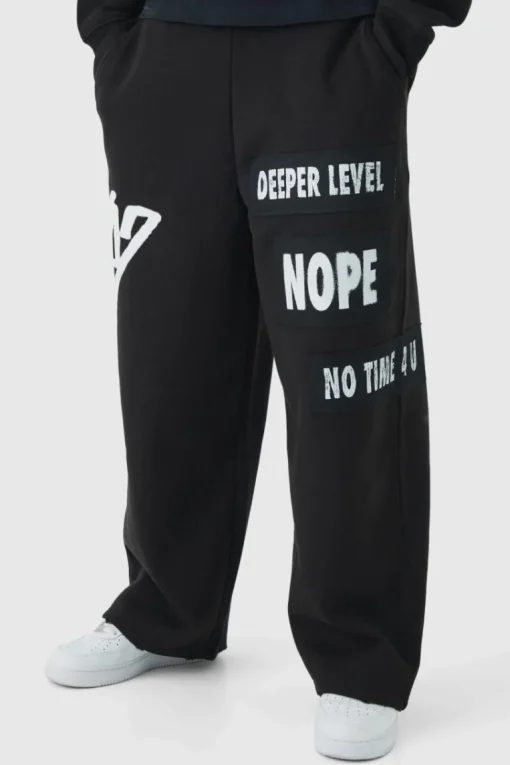 Relaxed Wide Leg Graffiti Applique Distressed Joggers