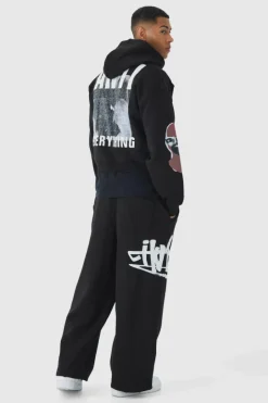 Relaxed Wide Leg Graffiti Applique Distressed Joggers