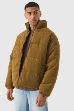 Reversible Cord And Nylon Puffer Jacket In Brown