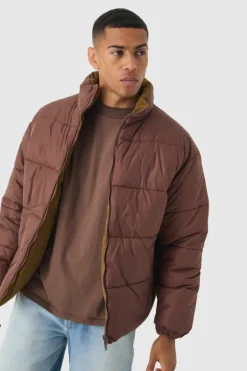 Reversible Cord And Nylon Puffer Jacket In Brown