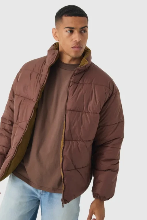 Reversible Cord And Nylon Puffer Jacket In Brown