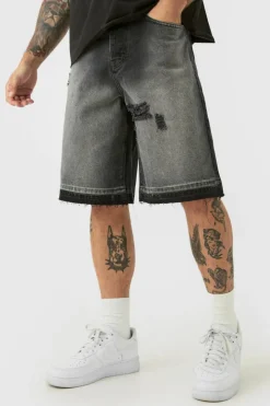 Ripped Denim Jorts In Washed Black