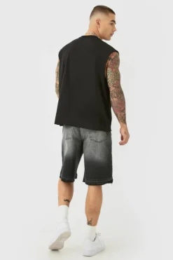 Ripped Denim Jorts In Washed Black