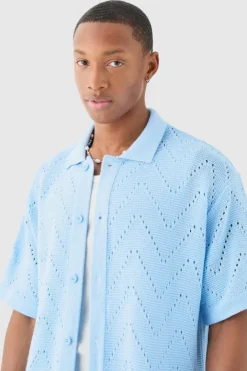 Short Sleeve Boxy Open Stitch Knitted Shirt