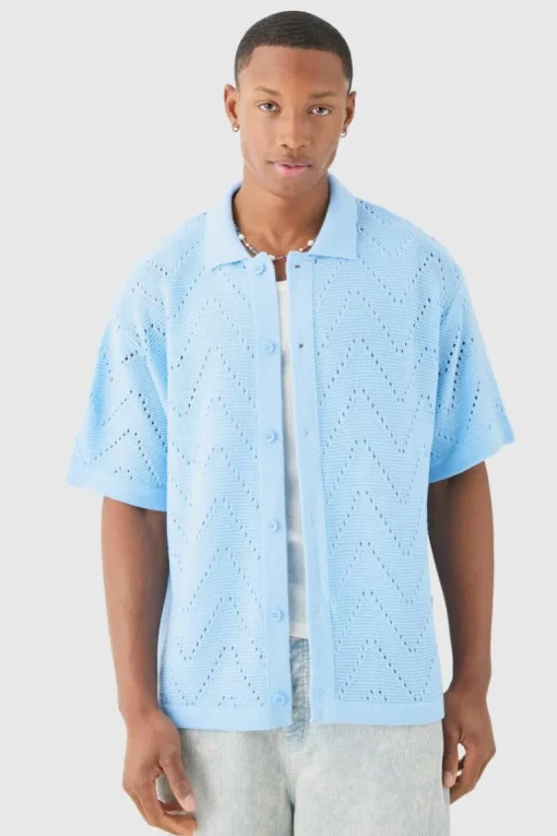 Short Sleeve Boxy Open Stitch Knitted Shirt